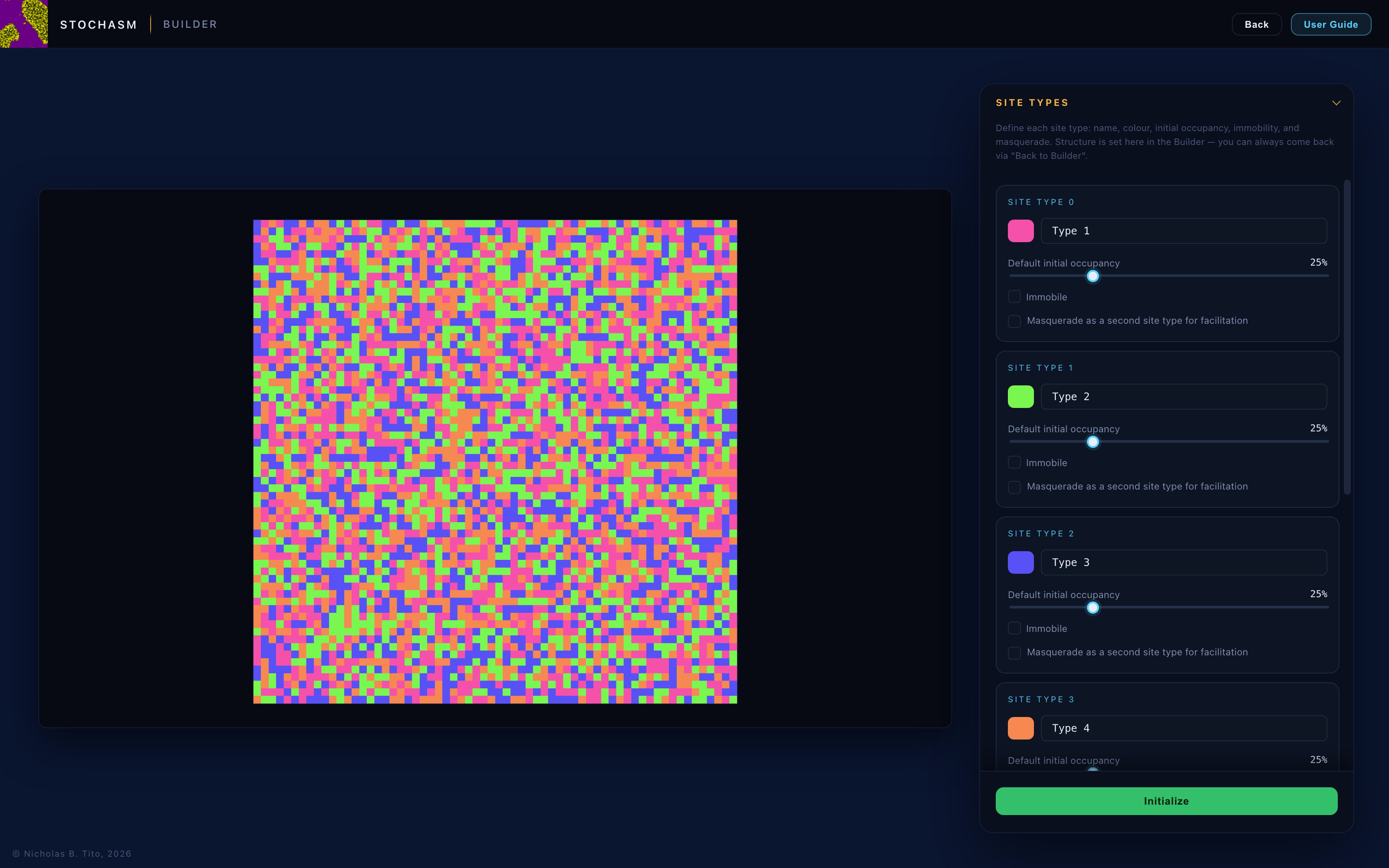 The Site Types editor beside a four-type lattice — names, colours, occupancy, immobility, masquerade.