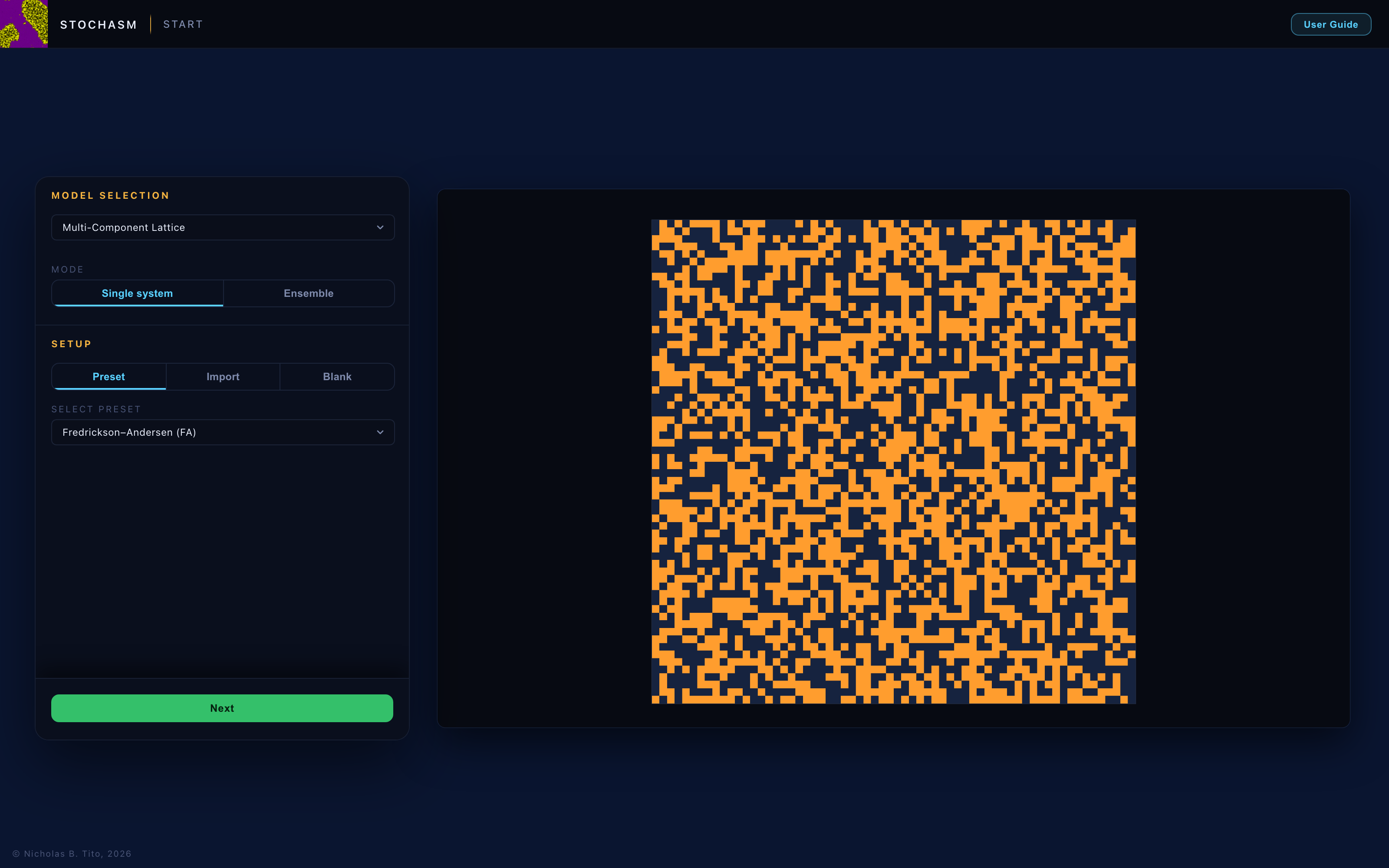 The launcher previewing a preset on the stage. Everything you see launches exactly as previewed.